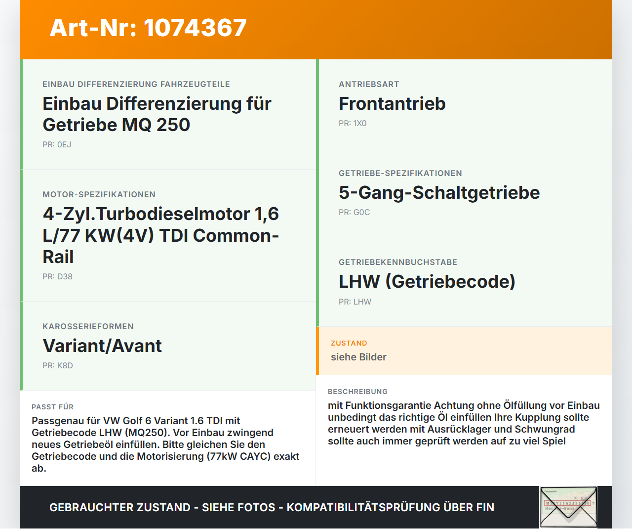 VW Golf 6 VI Variant 08-13 TDI 1,6 77KW LHW Schaltgetriebe Getriebe LHW VW Golf 6 VI Variant 08-13 16.03.2011... Vorschau 3