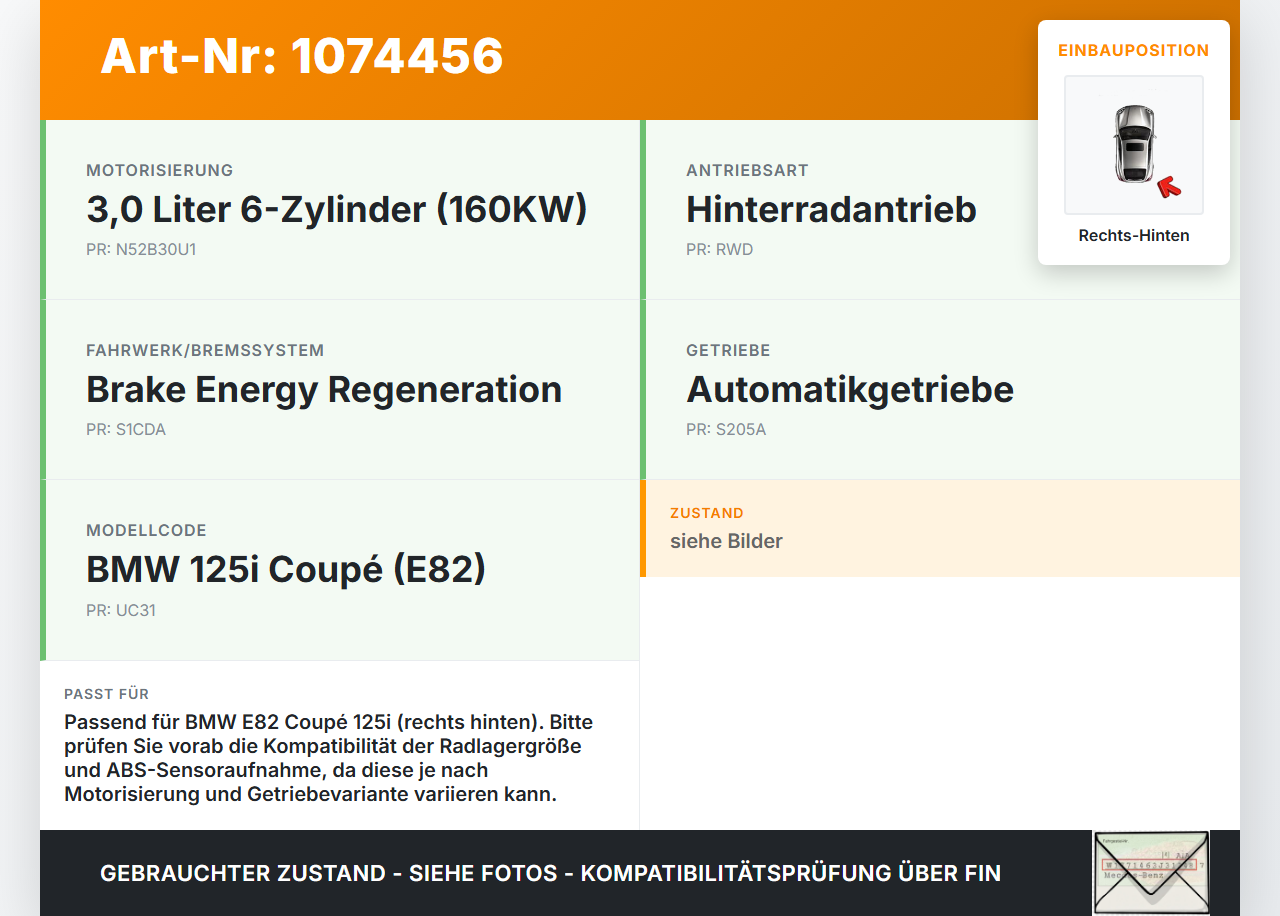 BMW 1er E82 07-11 Coupe 3,0 160KW Achsschenkel Radnabe mit ABS Rechts Hinten BMW 1er E82 07-11 18.06.2008... Vorschau 3