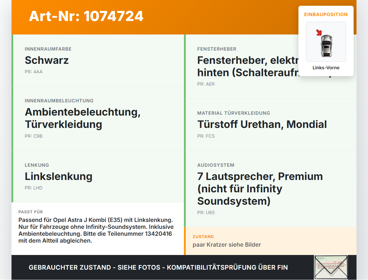 Opel Astra J 12-18 Kombi Türverkleidung Türpappe Links Vorne Opel Astra J 12-18 01.01.2013 13420416 gebraucht Vorschau 3