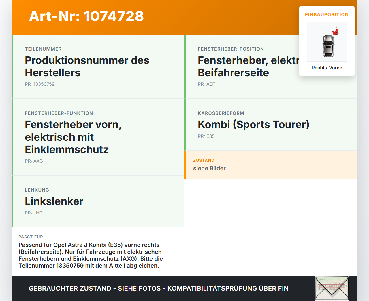 Opel Astra J 12-18 Kombi Fensterhebermotor mit Fensterheber Rechts Vorne Opel Astra J 12-18 01.01.2013 13350760... Vorschau 3