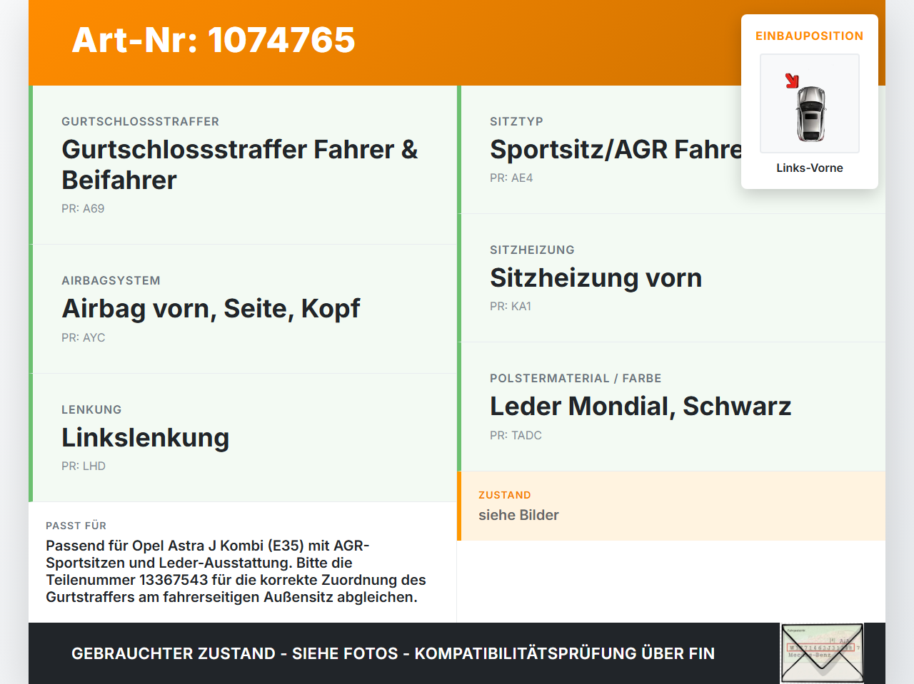 Opel Astra J 12-18 Kombi Gurtstraffer Fahrer Links Vorne Aussen Opel Astra J 12-18 01.01.2013 13367543 622265500C... Vorschau 3