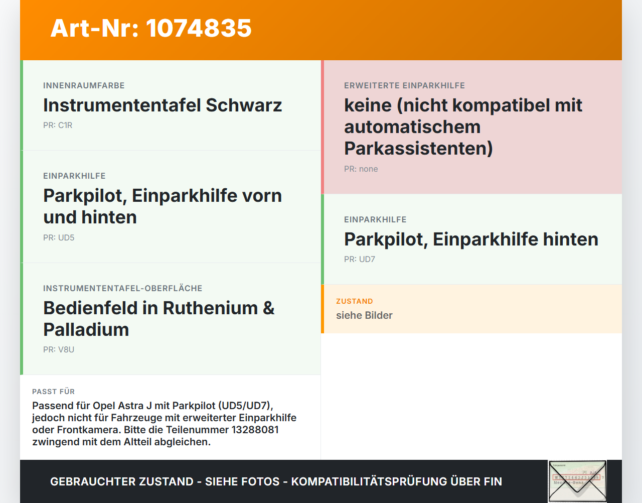 Opel Astra J 12-18 Schalter PDC Einparkhilfe Opel Astra J 12-18 01.01.2013 13288081 28246565 121207B2 gebraucht Vorschau 3