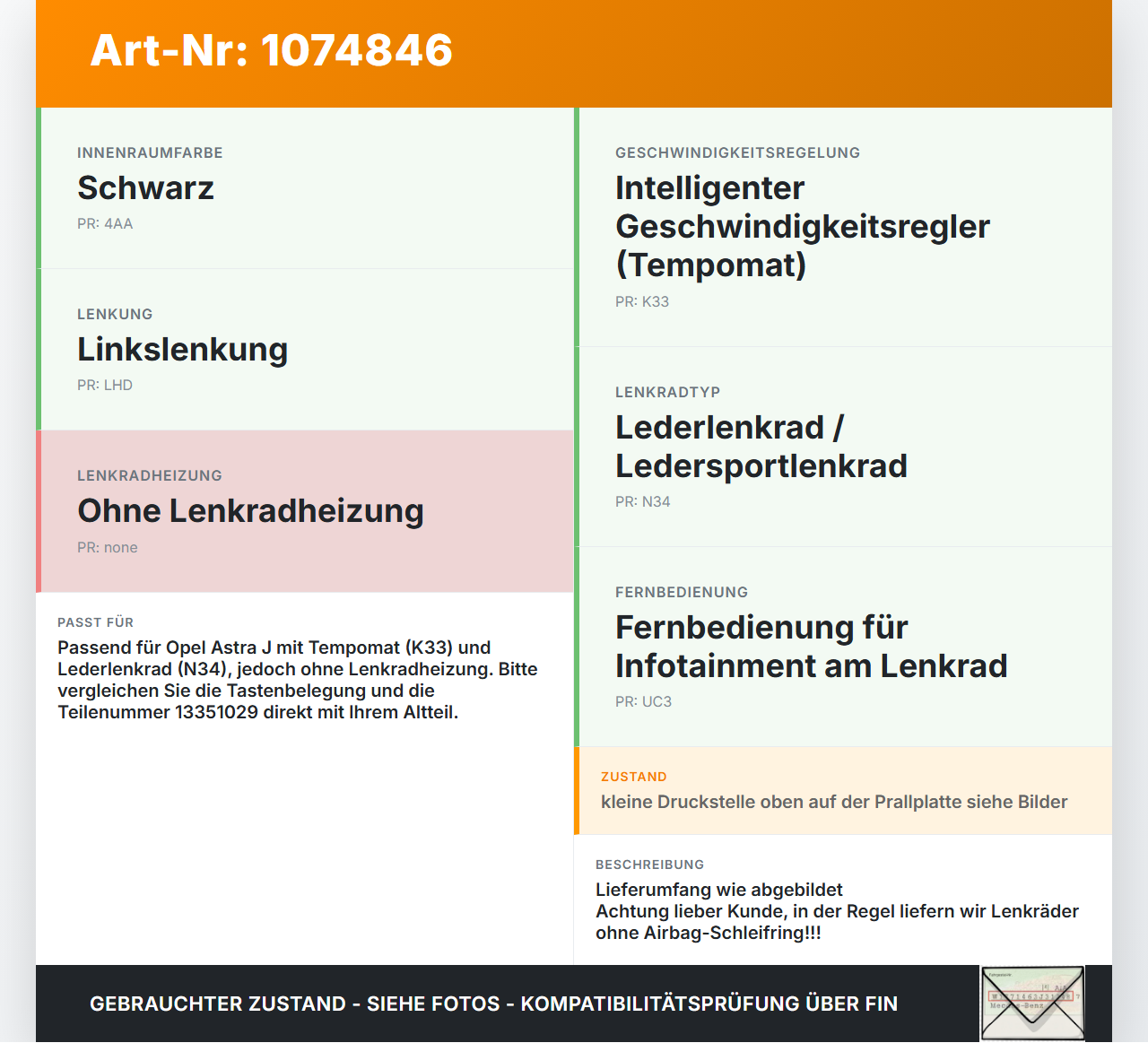 Opel Astra J 12-18 Lenkrad Airbaglenkrad Opel Astra J 12-18 01.01.2013 13351029 23299780 306410199P10-AH gebraucht Vorschau 3