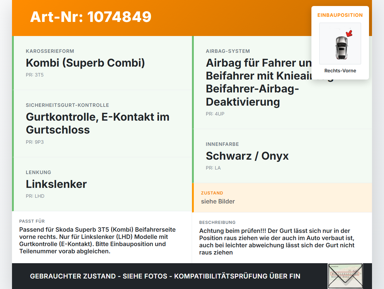 Skoda Superb 3T5 08-13 KombiLim Gurt Sicherheitsgurt Gurtstraffer für Beifahrer Rechts Vorne Skoda Superb 3T5 08-13... Vorschau 3