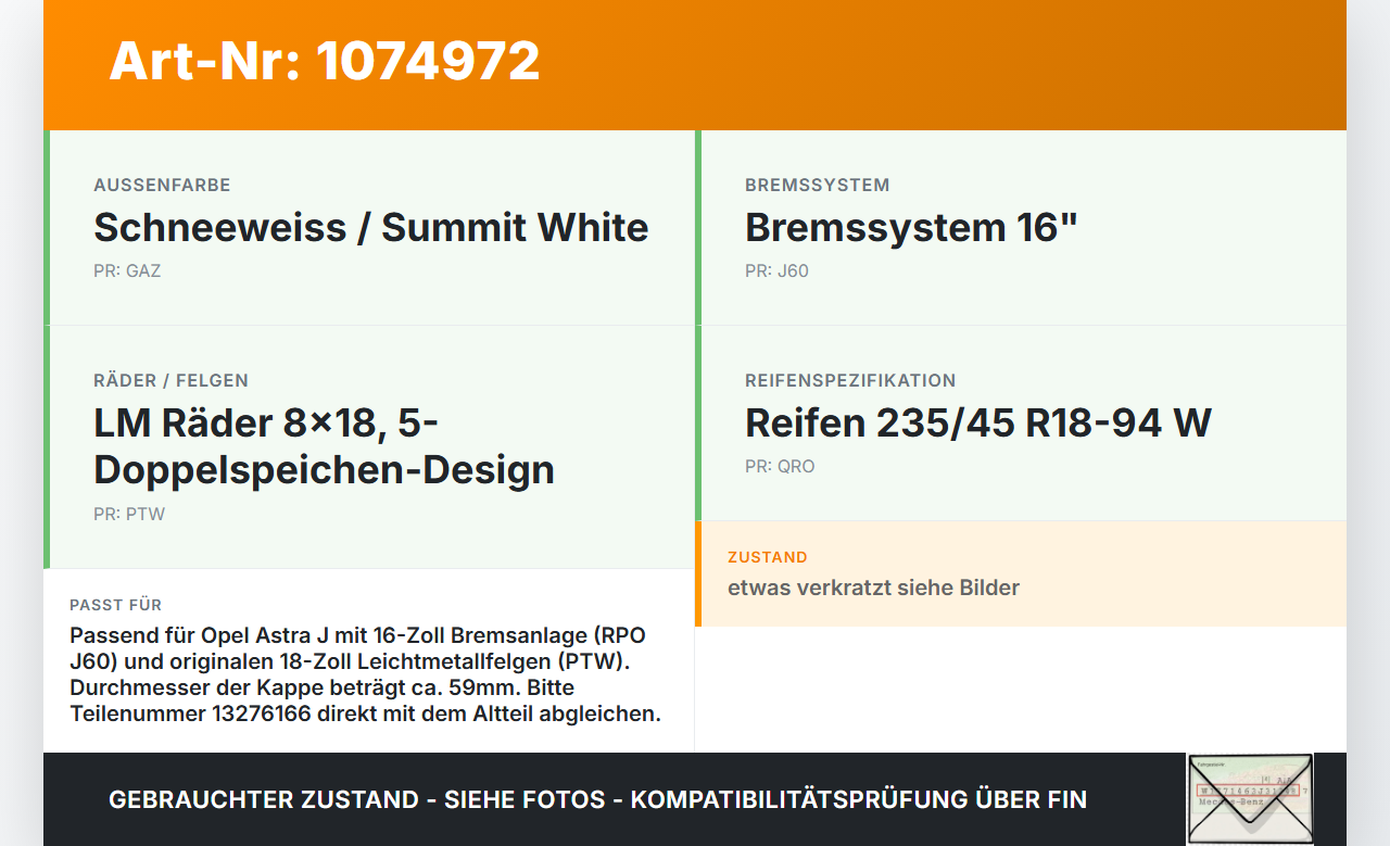 Opel Astra J 12-18 Radnabenabdeckung Rad Nabenabdeckung Nabenblende Opel Astra J 12-18 01.01.2013 13276166 gebraucht Vorschau 3