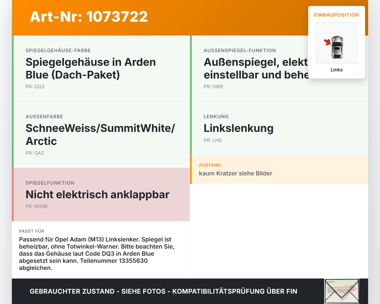 Opel Adam M13 13-19 Spiegel Aussenspiegel Links GAZ Opel Adam M13 13-19 01.01.2015 13355630 gebraucht Vorschau 3