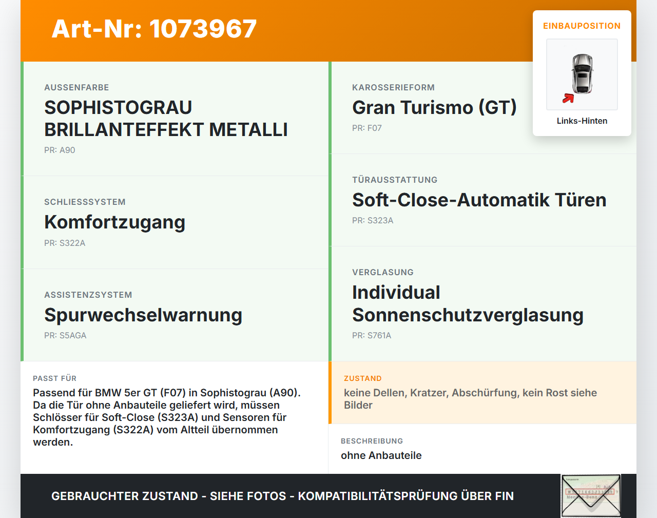 BMW 5er GT F07 09-13 Lim Tür Links Hinten A90 BMW 5er GT F07 09-13 28.03.2011 5A2A395 4152-5A2A395 gebraucht Vorschau 3