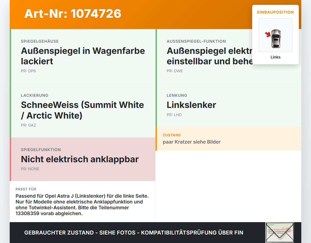 Opel Astra J 12-18 Spiegel Aussenspiegel Links GAZ Opel Astra J 12-18 01.01.2013 13308359 gebraucht Vorschau 3