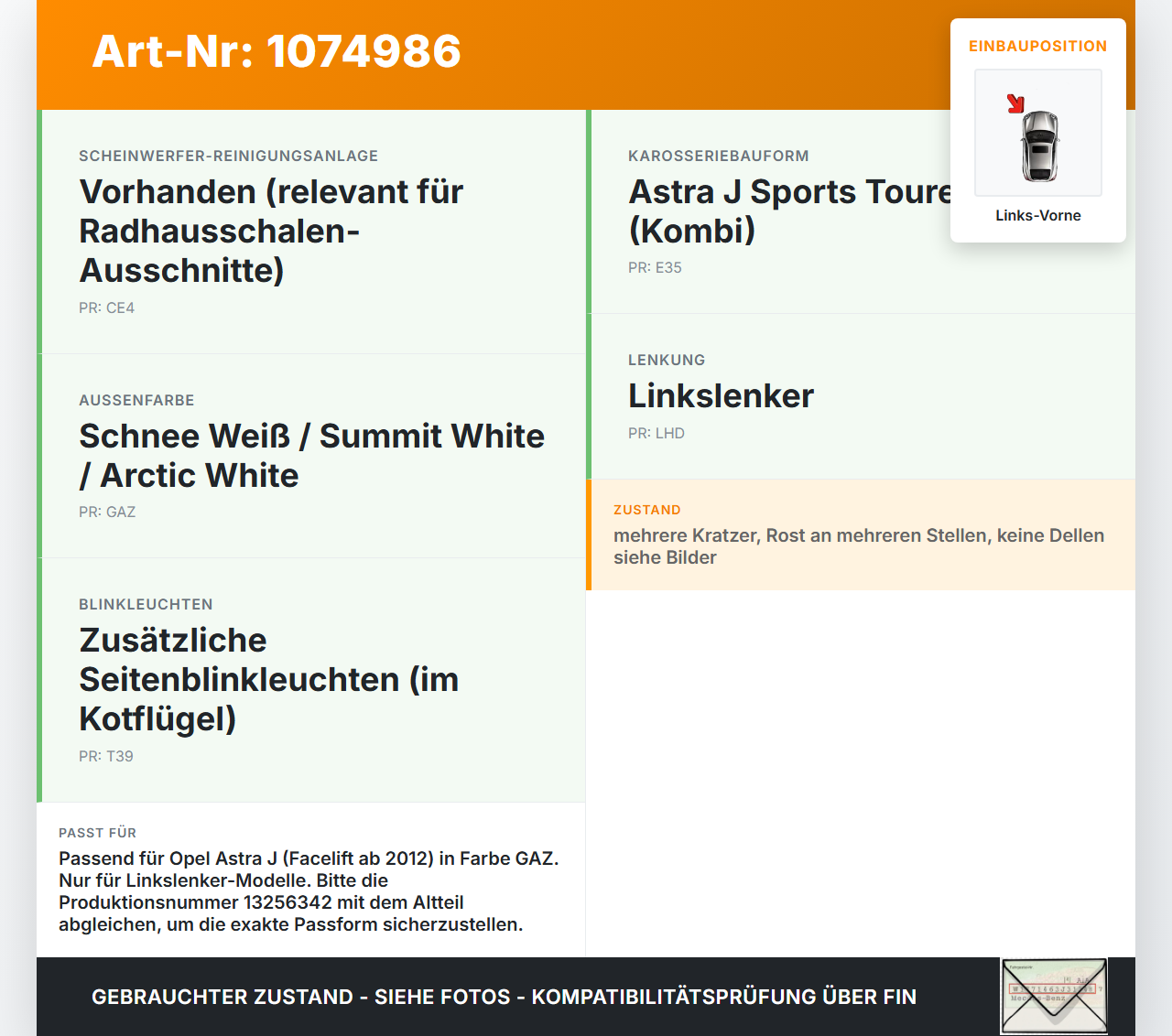 Opel Astra J 12-18 Kotflügel Links Vorne GAZ Opel Astra J 12-18 01.01.2013 13302207 gebraucht Vorschau 3