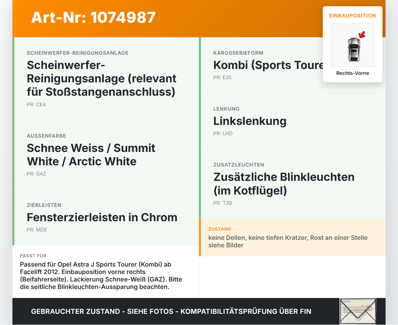 Opel Astra J 12-18 Kotflügel Seitenteil Kotfluegel Rechts Vorne GAZ Opel Astra J 12-18 01.01.2013 13302208 gebraucht Vorschau 3