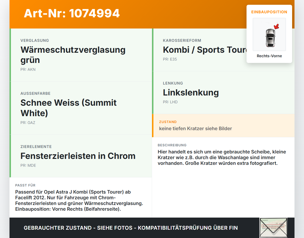 Opel Astra J 12-18 Kombi RV Dreieck Seitenscheibe Türscheibe Rechts Vorne Opel Astra J 12-18 01.01.2013 93165025... Vorschau 3