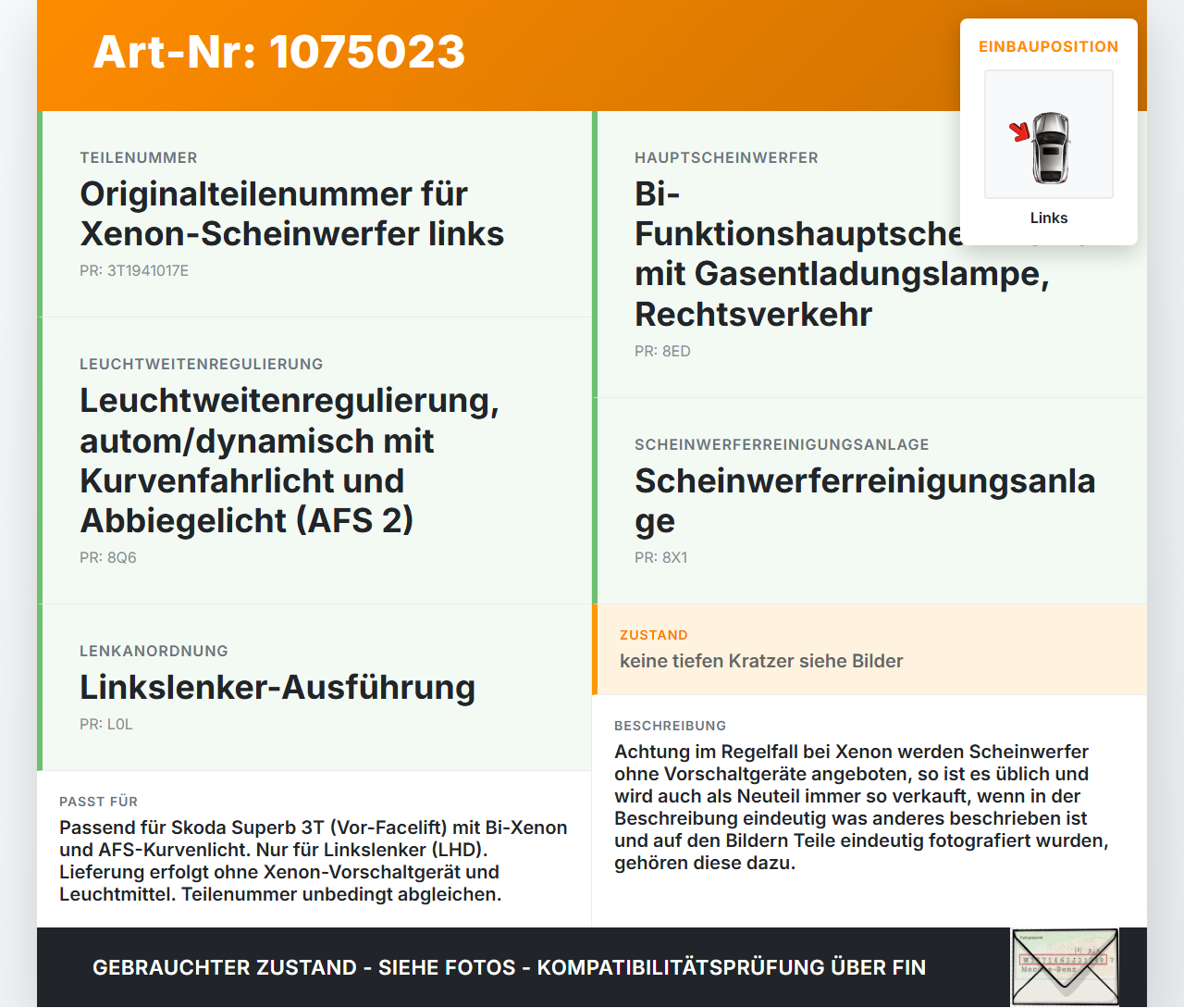 Skoda Superb 3T5 08-13 Xenon Scheinwerfer Frontscheinwerfer Links Skoda Superb 3T5 08-13 21.01.2011 3T1941017E gebraucht Vorschau 3