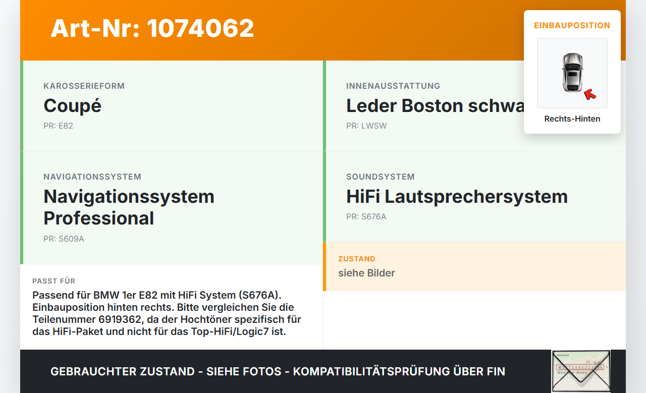 BMW 1er E82 07-11 Hupe Signalhorn Hochtöner Rechts Hinten BMW 1er E82 07-11 18.06.2008 65136919362 6919362... Vorschau 3