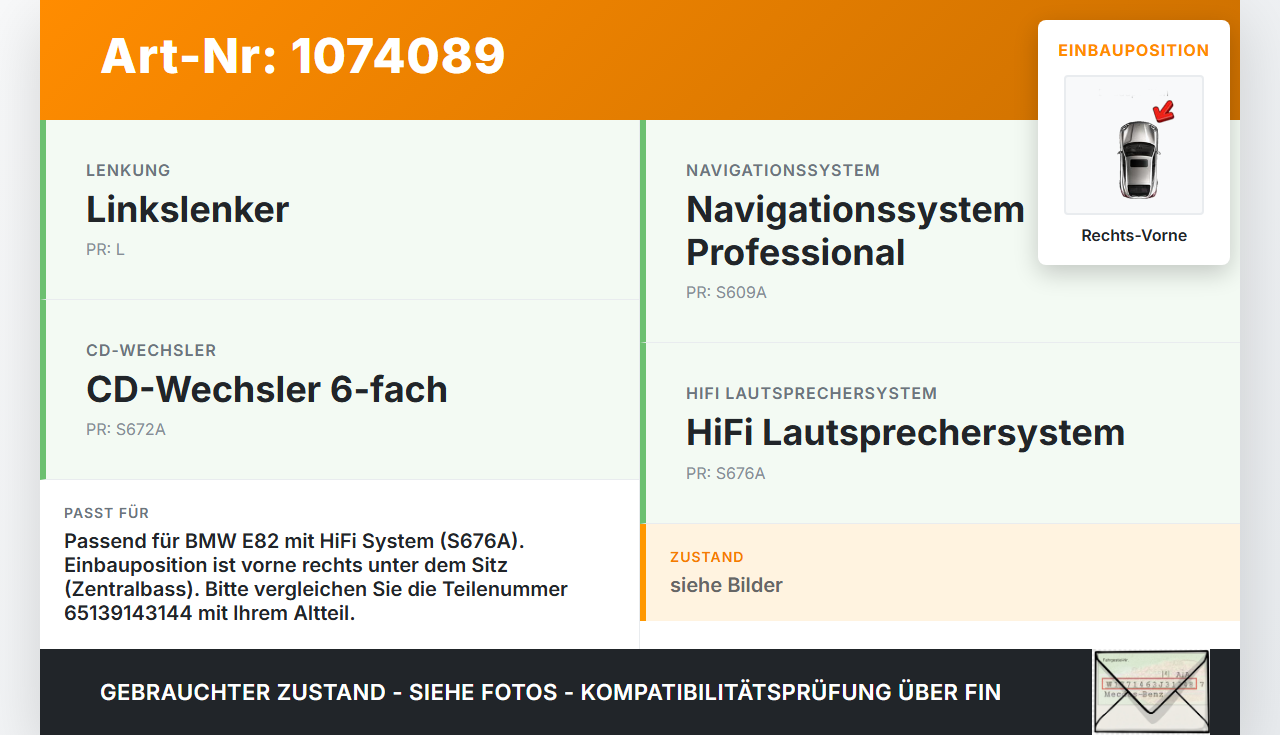 BMW 1er E82 07-11 Lautsprecher Zentralbass Rechts Vorne BMW 1er E82 07-11 18.06.2008 9144202 9143144 65139143144... Vorschau 3