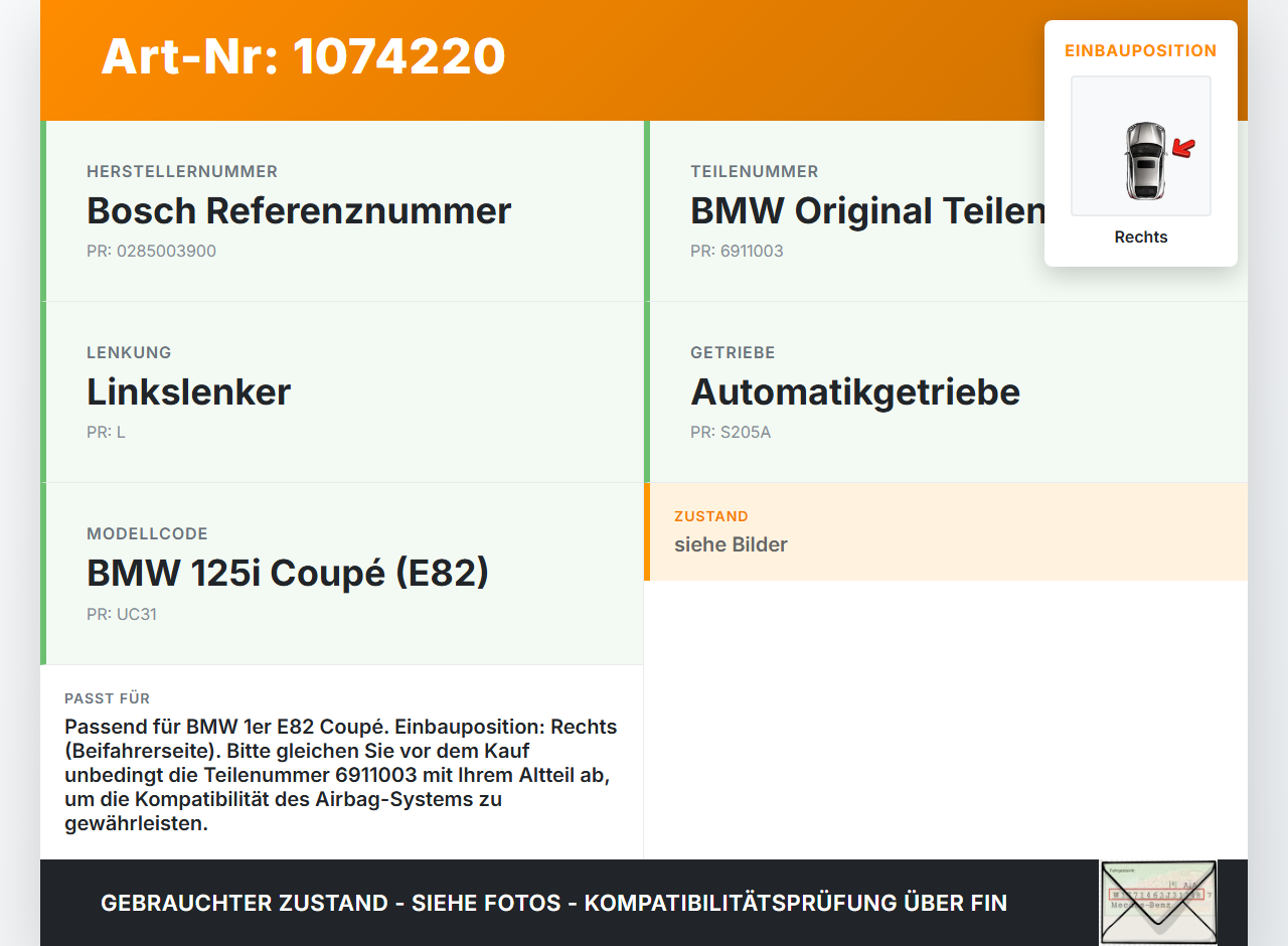 BMW 1er E82 07-11 Airbagsensor Crashsensor Seitenairbag Sensor Rechts BMW 1er E82 07-11 18.06.2008 65776911003... Vorschau 3