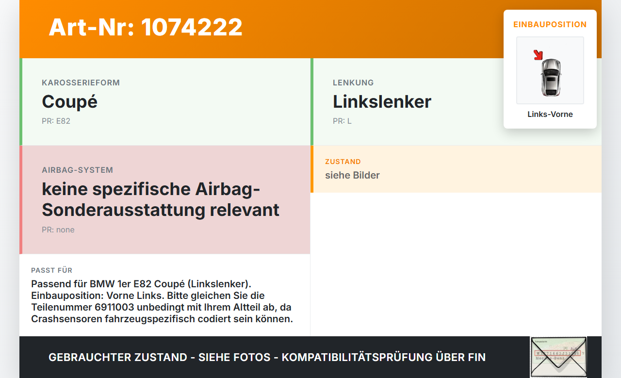 BMW 1er E82 07-11 Sensor Airbag Crashsensor Airbagsensor Links Vorne BMW 1er E82 07-11 18.06.2008 65776911003... Vorschau 3