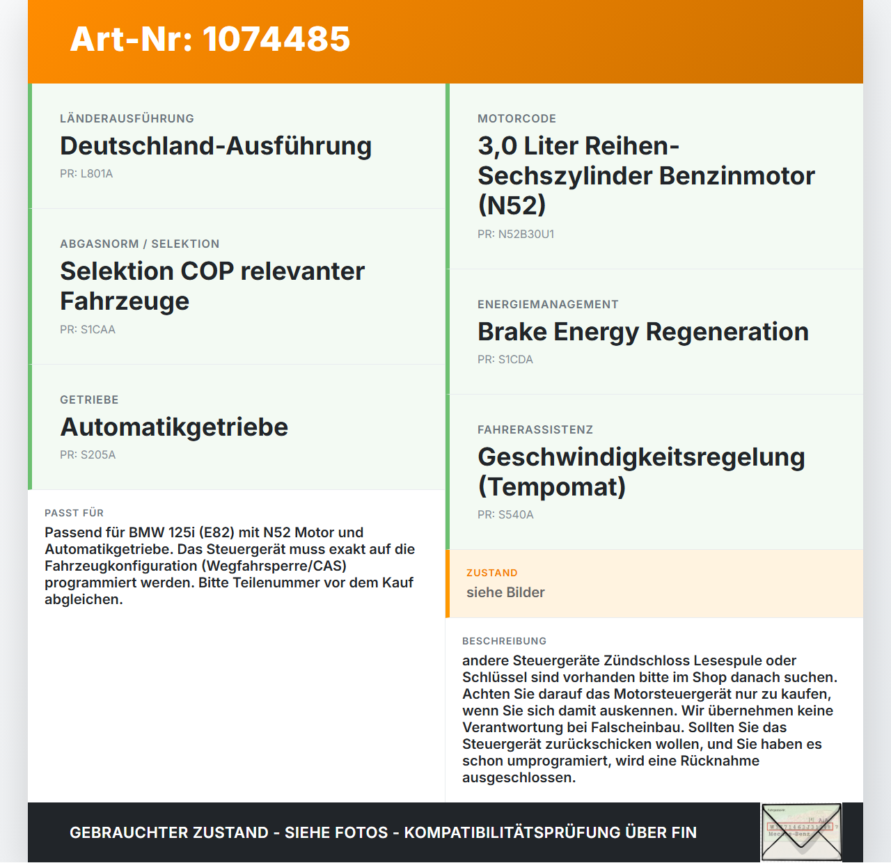 BMW 1er E82 07-11 3,0 160KW Steuergerät ECU für Motor Motorsteuergerät BMW 1er E82 07-11 18.06.2008 7587165... Vorschau 3
