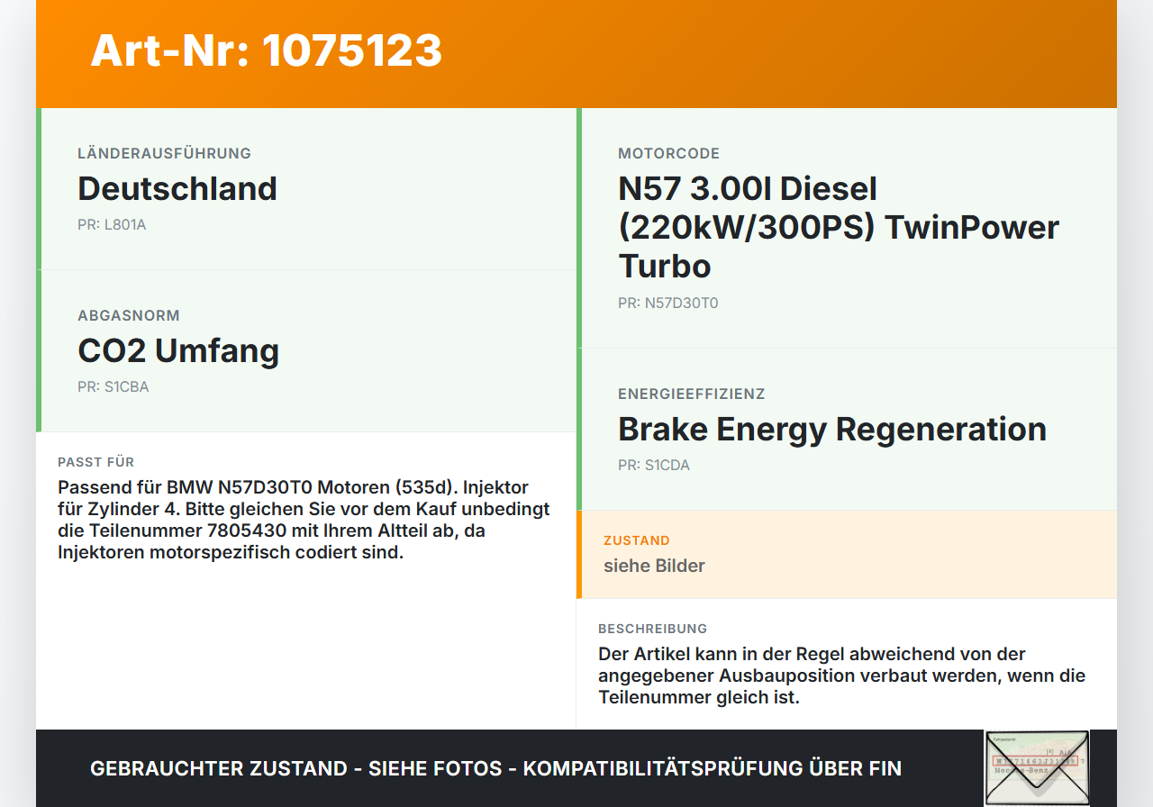 BMW 5er GT F07 09-13 3,0 175KW Injektor Einspritzdüse Zyl.4 BMW 5er GT F07 09-13 28.03.2011 13537805430 7805430... Vorschau 3
