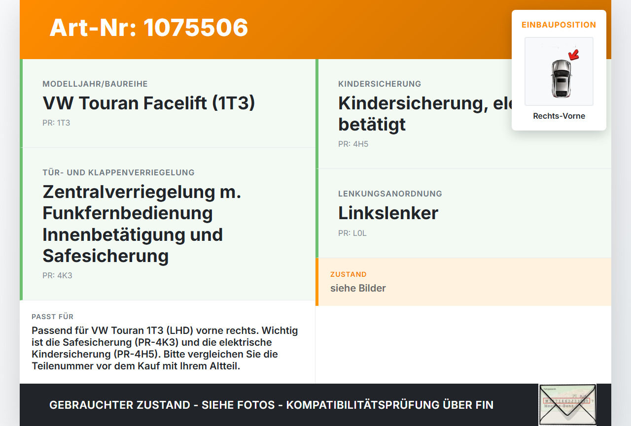 VW Touran 1T3 10-15 Türschloss m. ZV Stellmotor Zentralverriegelung Rechts Vorne VW Touran 1T3 10-15 05.04.2011... Vorschau 3