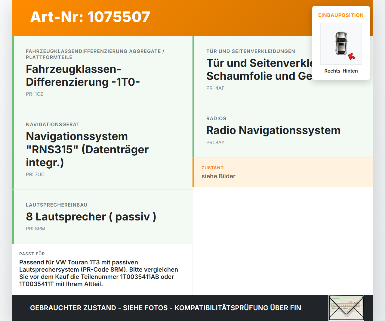 VW Touran 1T3 10-15 Lautsprecher Rechts Hinten VW Touran 1T3 10-15 05.04.2011 1T0035411AB gebraucht Vorschau 3