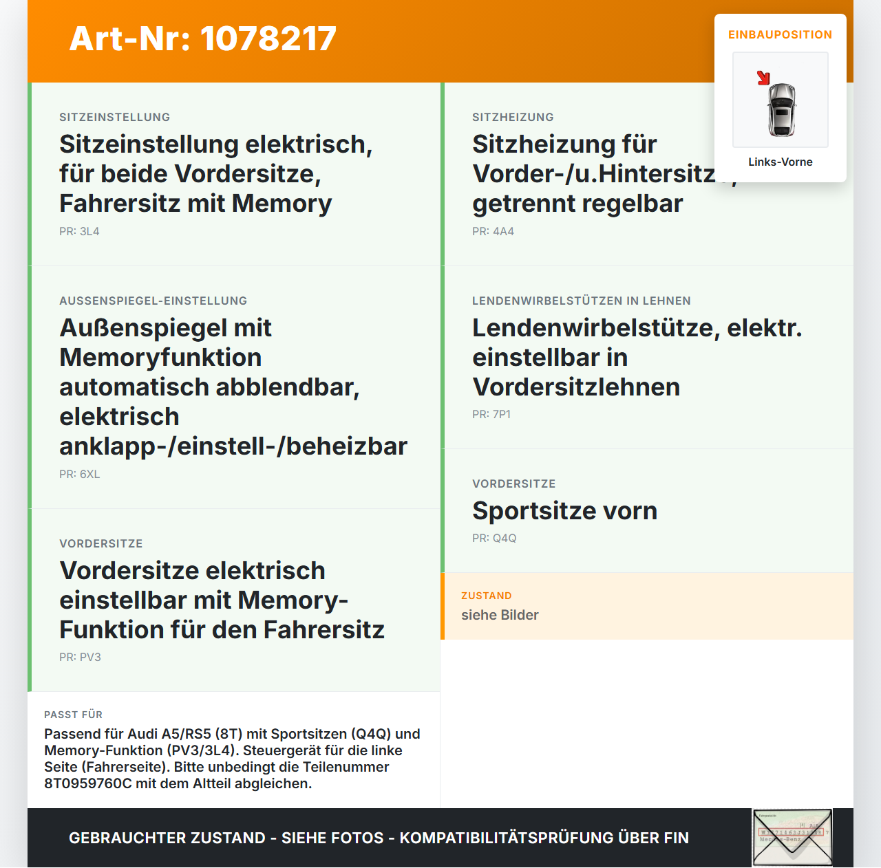 Audi A5 RS5 8T 12-15 Steuergerät ECU Modul Sitzkontrolle SG Links Vorne Audi A5 RS5 8T 12-15 20.08.2013 8T0959760E... Vorschau 3