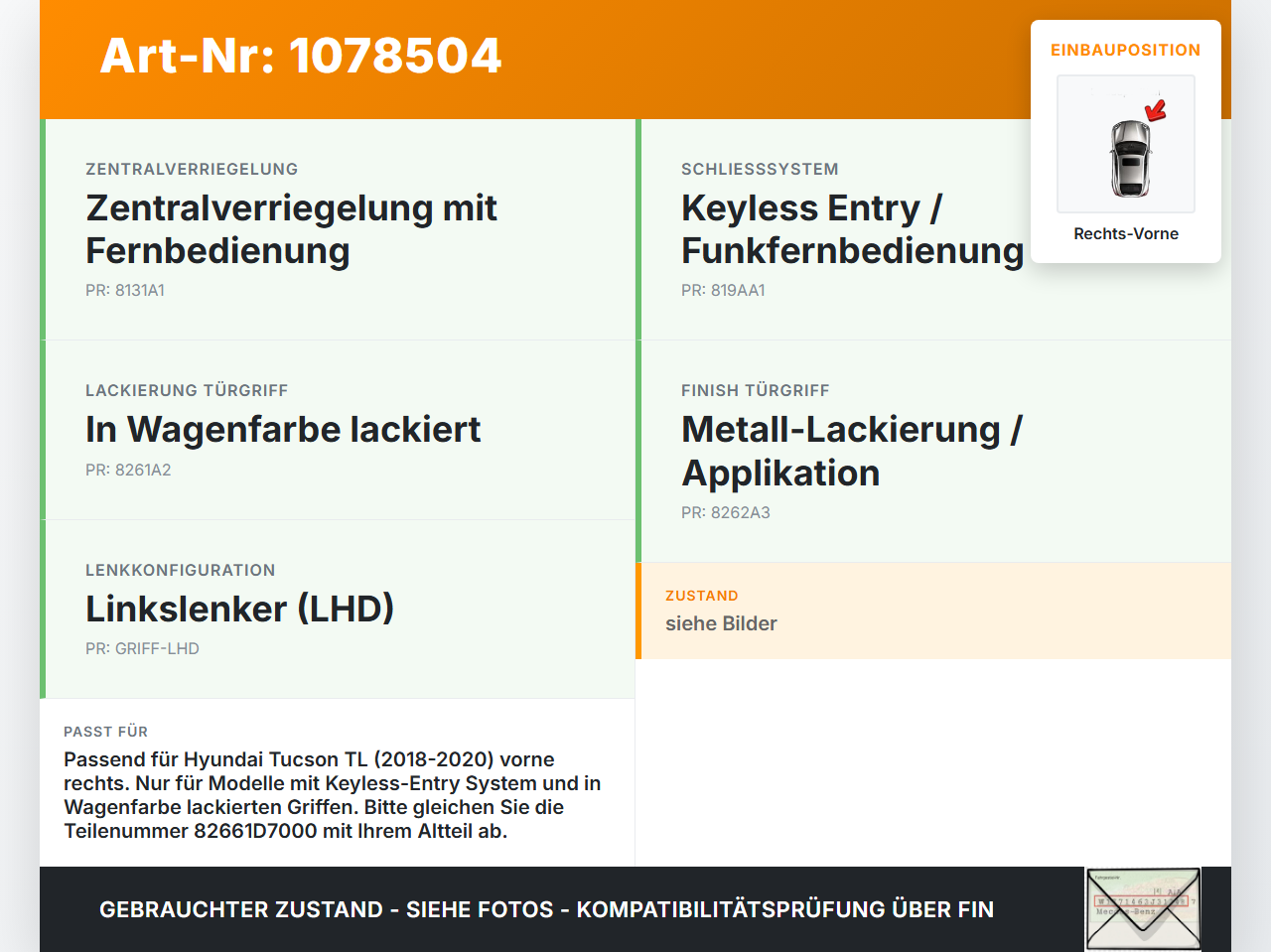 Hyundai Tucson TL 18-20 Türgriff Griff aussen Rechts Vorne Keyless Entry Hyundai Tucson TL 18-20 06.11.2019... Vorschau 3
