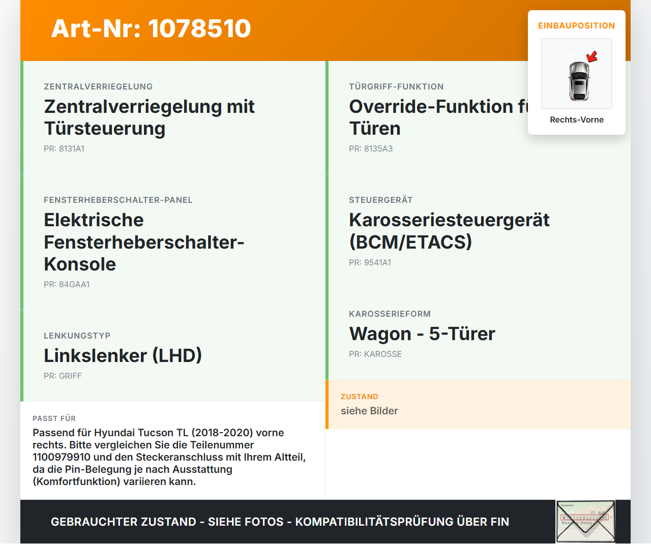 Hyundai Tucson TL 18-20 Fensterhebermotor Rechts Vorne Hyundai Tucson TL 18-20 06.11.2019 82460D7010 617016803... Vorschau 3