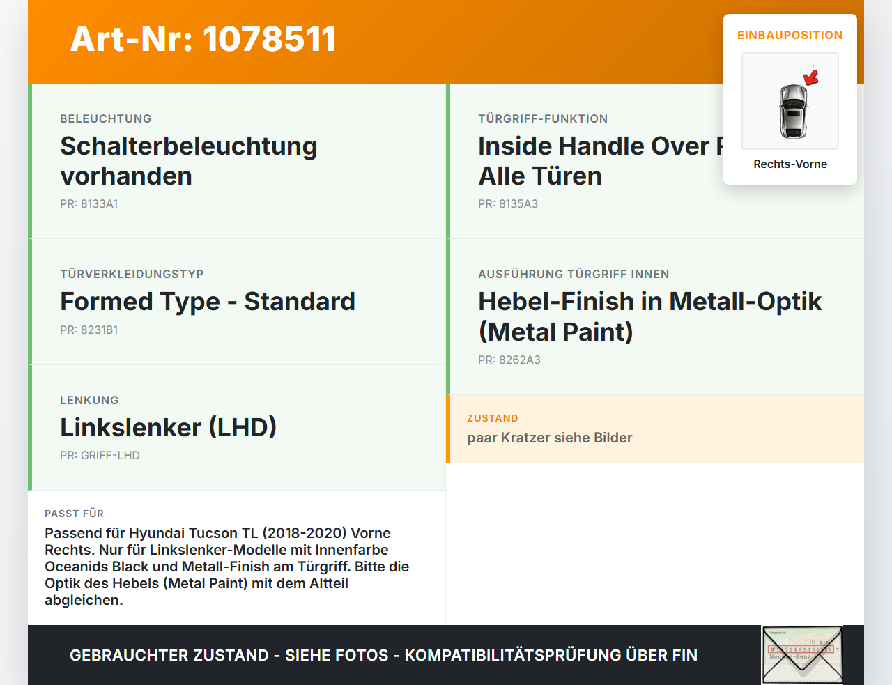 Hyundai Tucson TL 18-20 Türgriff Griffmuschel Griff Innen Rechts Vorne Hyundai Tucson TL 18-20 06.11.2019... Vorschau 3