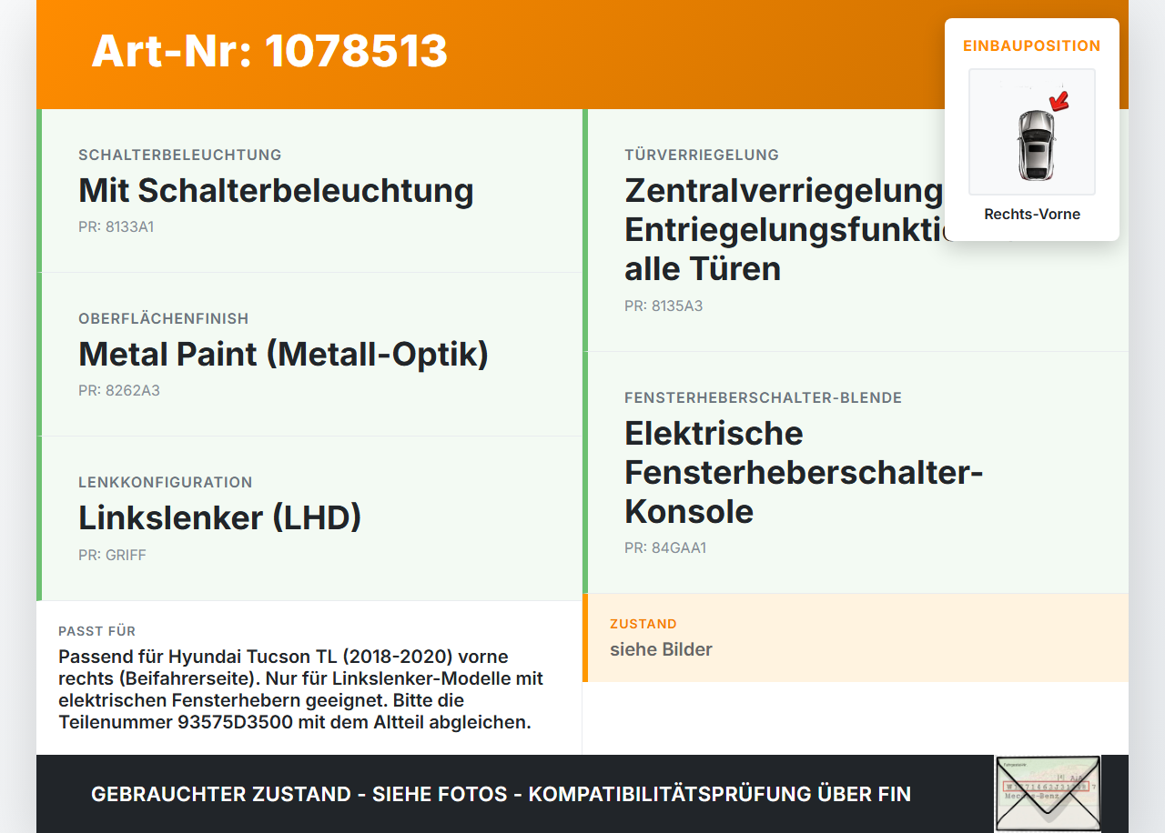 Hyundai Tucson TL 18-20 Fensterheberschalter Schalter Rechts Vorne Hyundai Tucson TL 18-20 06.11.2019 93575D35004X... Vorschau 3