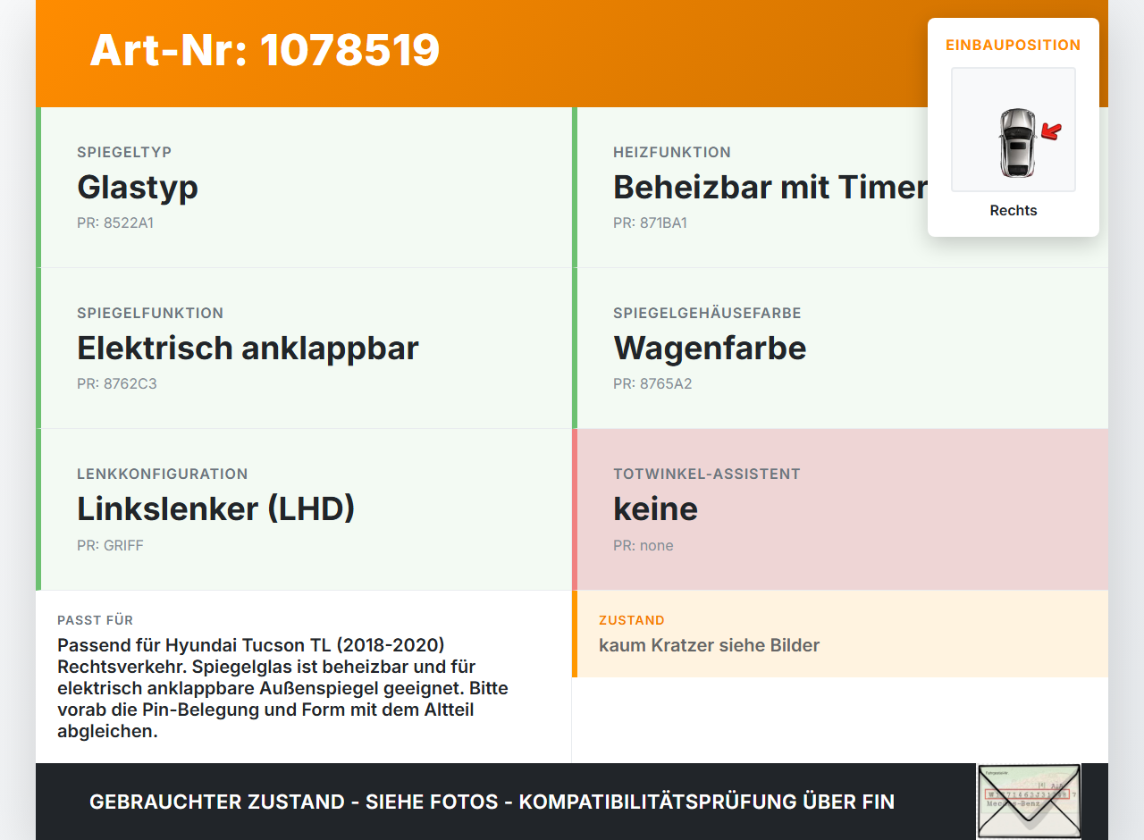 Hyundai Tucson TL 18-20 Spiegel Aussenspiegel Rechts Hyundai Tucson TL 18-20 06.11.2019 87620D7660 gebraucht Vorschau 3