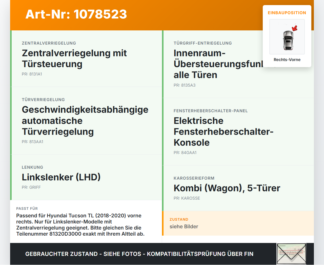 Hyundai Tucson TL 18-20 Fensterheber o. FH-Motor Rechts Vorne Hyundai Tucson TL 18-20 06.11.2019 82481D7010... Vorschau 3