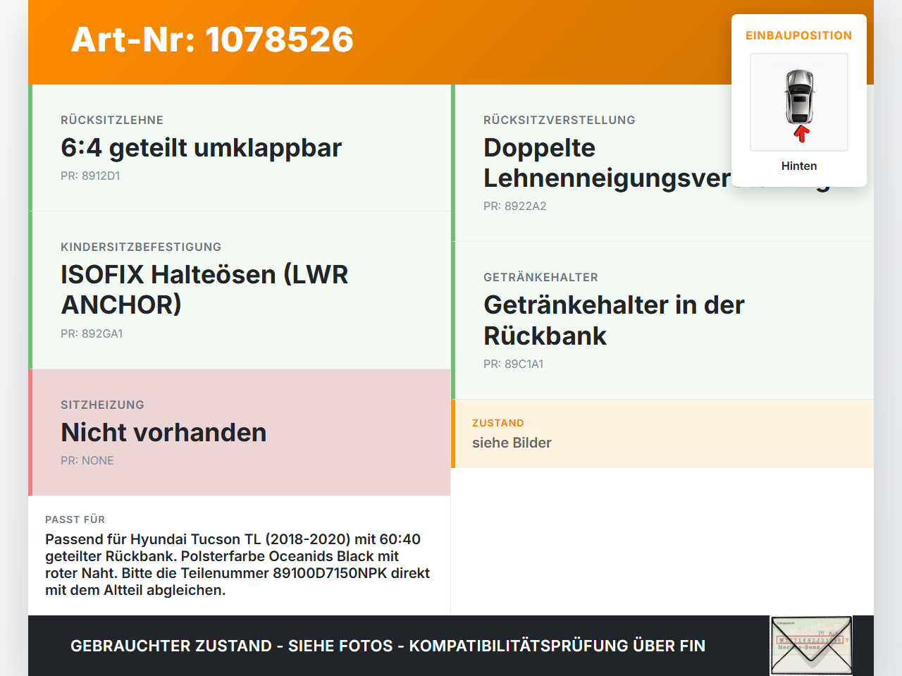 Hyundai Tucson TL 18-20 Sitzpolster für Rücksitzbank Hinten rote Naht Hyundai Tucson TL 18-20 06.11.2019... Vorschau 3