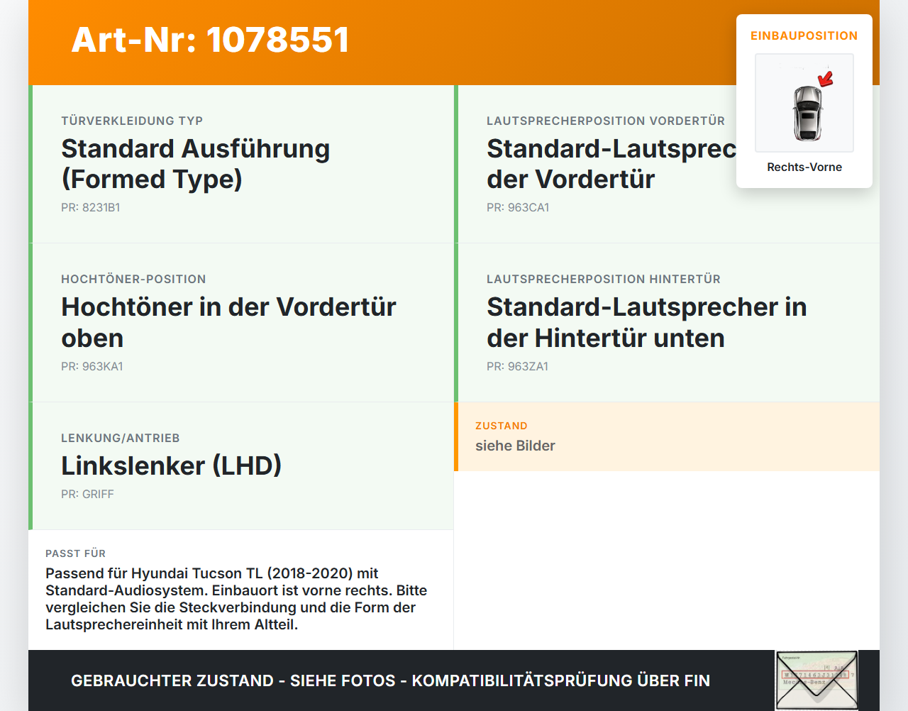 Hyundai Tucson TL 18-20 Lautsprecher Rechts Vorne Hyundai Tucson TL 18-20 06.11.2019 96330D3000 gebraucht Vorschau 3