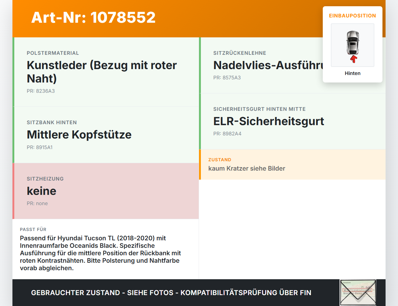 Hyundai Tucson TL 18-20 Kopfstütze Mitte Hinten rote Naht Hyundai Tucson TL 18-20 06.11.2019 89705D7050NPK gebraucht Vorschau 3