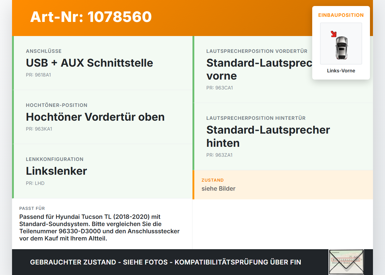 Hyundai Tucson TL 18-20 Lautsprecher Links Vorne Hyundai Tucson TL 18-20 06.11.2019 96330D3000 96330-D3000 gebraucht Vorschau 3