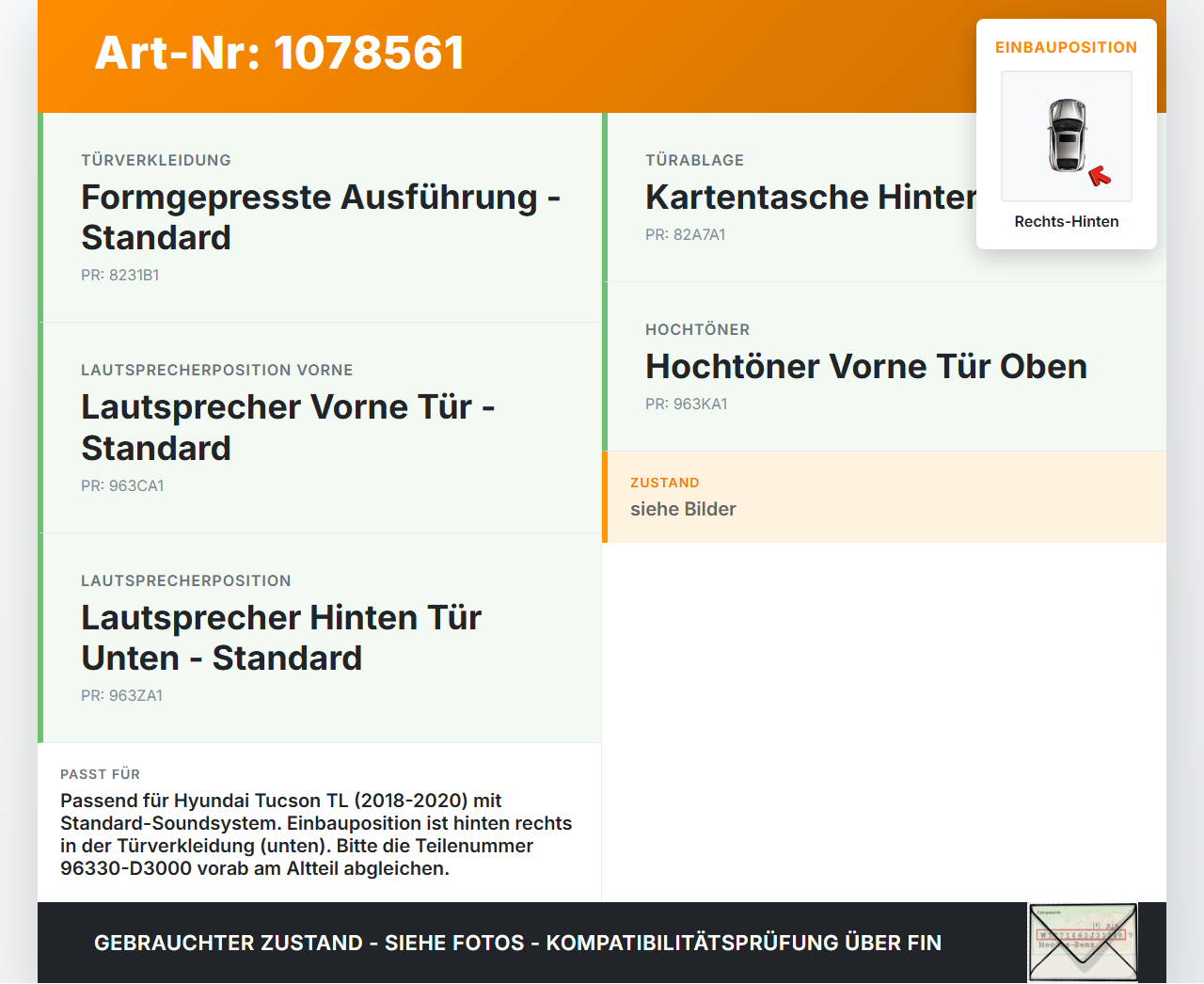 Hyundai Tucson TL 18-20 Lautsprecher Rechts Hinten Hyundai Tucson TL 18-20 06.11.2019 96330D3000 96330-D3000 gebraucht Vorschau 3