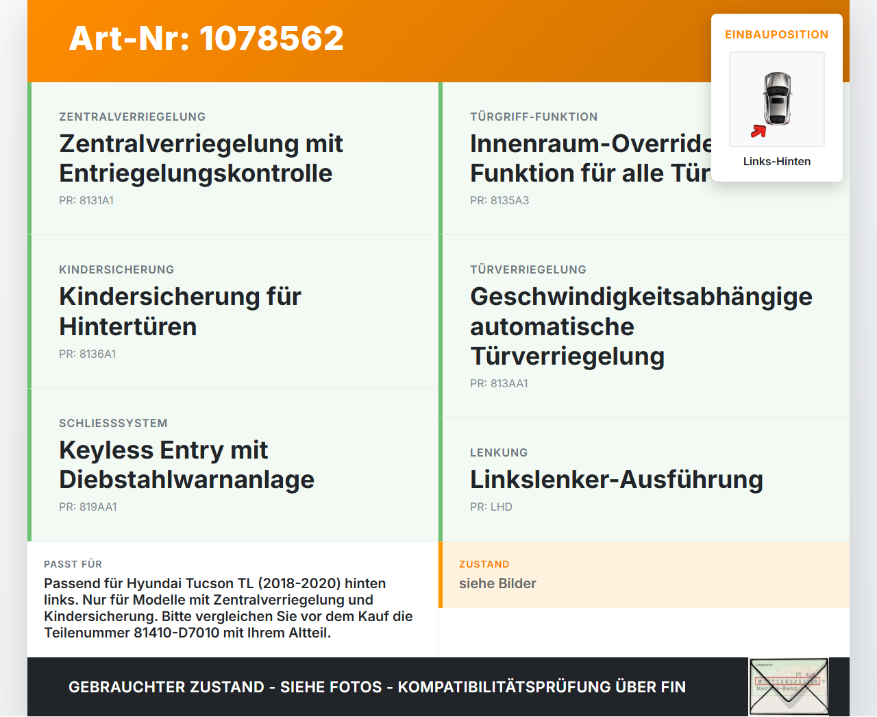 Hyundai Tucson TL 18-20 Türschloss m. ZV Stellmotor Links Hinten Hyundai Tucson TL 18-20 06.11.2019 81410D7010... Vorschau 3