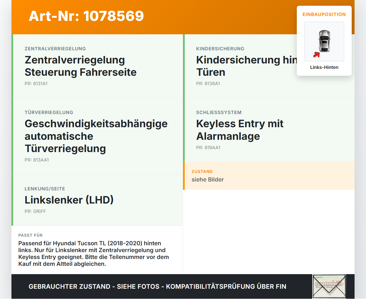 Hyundai Tucson TL 18-20 Türschloss Stellmotor Zentralverriegelung Links Hinten Hyundai Tucson TL 18-20 06.11.2019... Vorschau 3