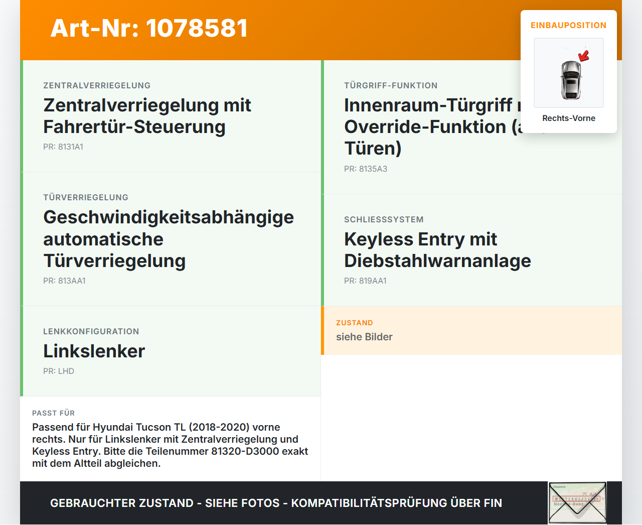 Hyundai Tucson TL 18-20 Türschloss m. ZV Stellmotor Rechts Vorne Hyundai Tucson TL 18-20 06.11.2019 81320D3000... Vorschau 3