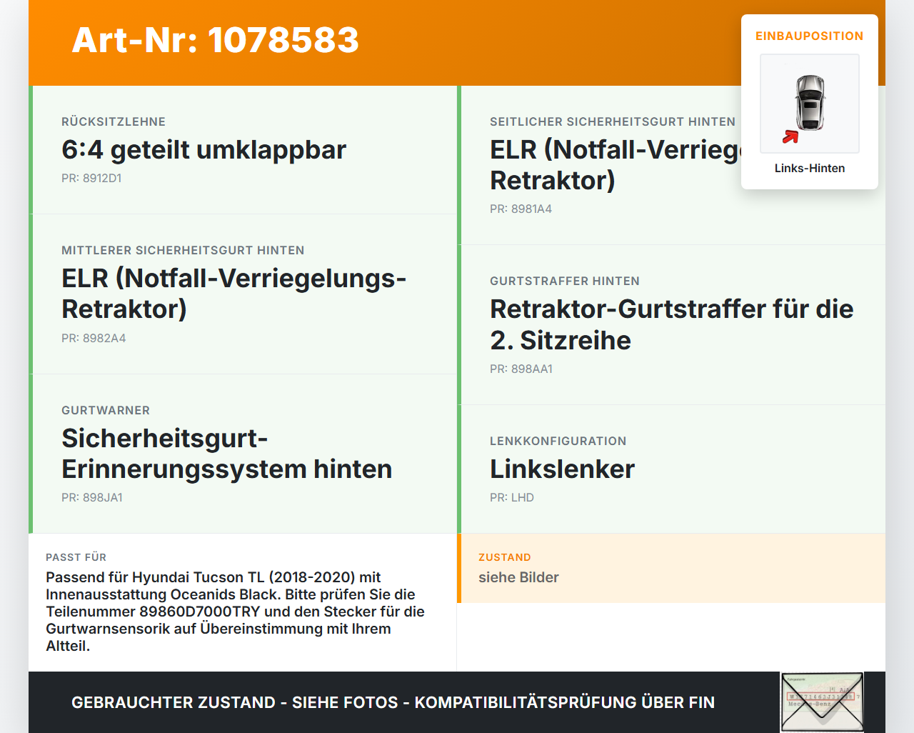 Hyundai Tucson TL 18-20 Gurtschloss Links Hinten Hyundai Tucson TL 18-20 06.11.2019 89860D7000TRY gebraucht Vorschau 3
