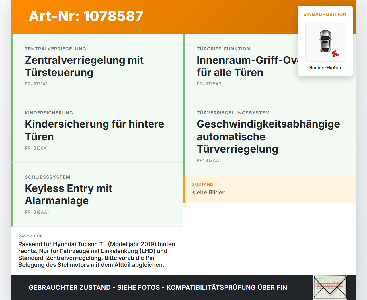 Hyundai Tucson TL 18-20 Türschloss Stellmotor Zentralverriegelung Schloss Rechts Hinten Hyundai Tucson TL 18-20... Vorschau 3