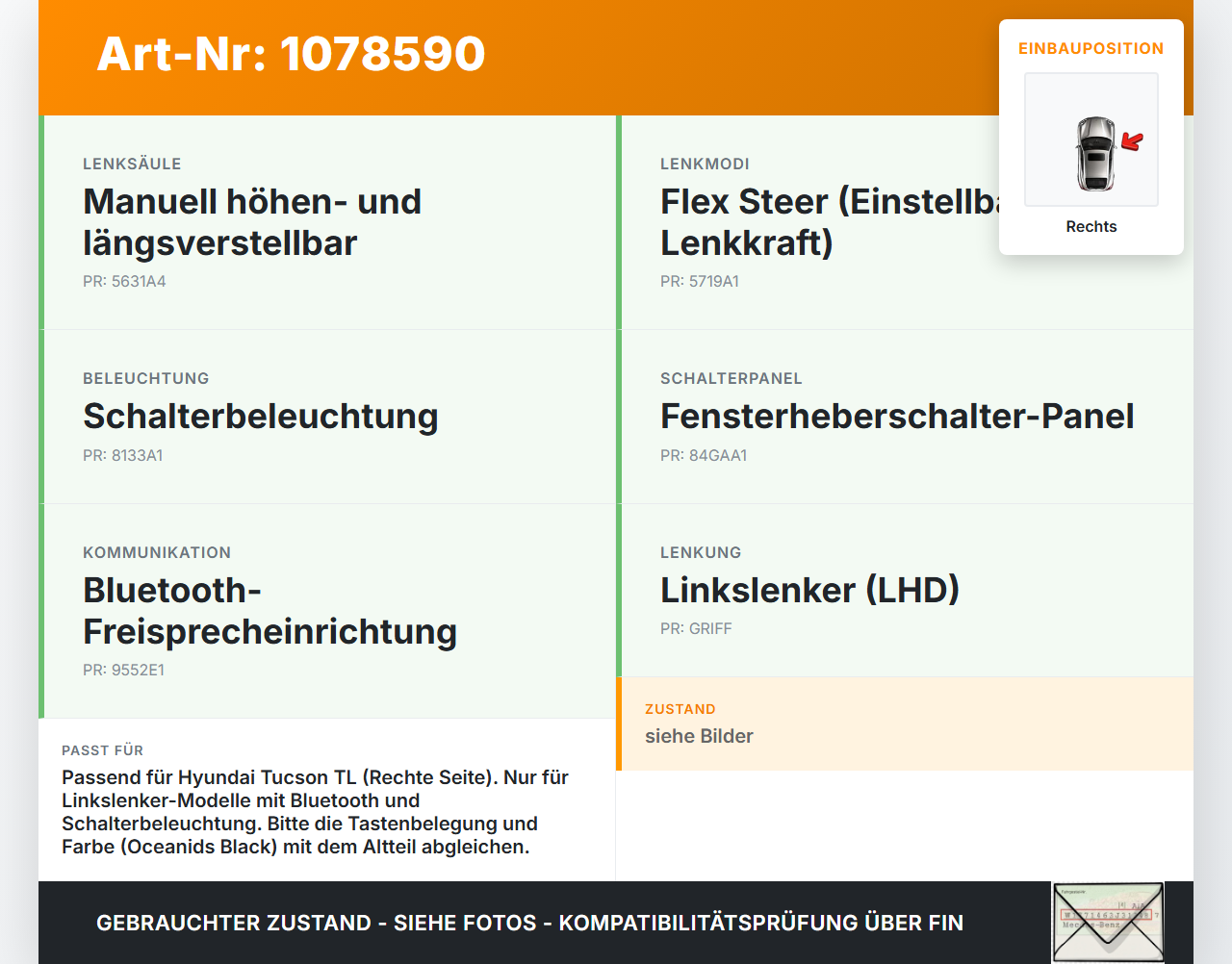 Hyundai Tucson TL 18-20 Lenkradschalter Multifunktionstasten Schalter für Lenkrad Rechts Hyundai Tucson TL 18-20... Vorschau 3