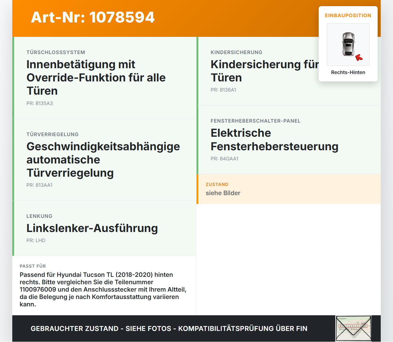 Hyundai Tucson TL 18-20 Fensterhebermotor Rechts Hinten Hyundai Tucson TL 18-20 06.11.2019 83460D7000 1100976009... Vorschau 3