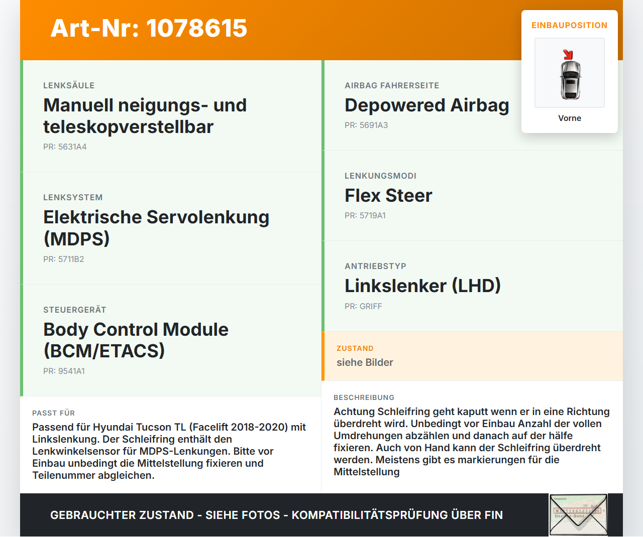 Hyundai Tucson TL 18-20 Airbag Schleifring Wickelfeder Lenkwinkelsensor Vorne Hyundai Tucson TL 18-20 06.11.2019... Vorschau 3