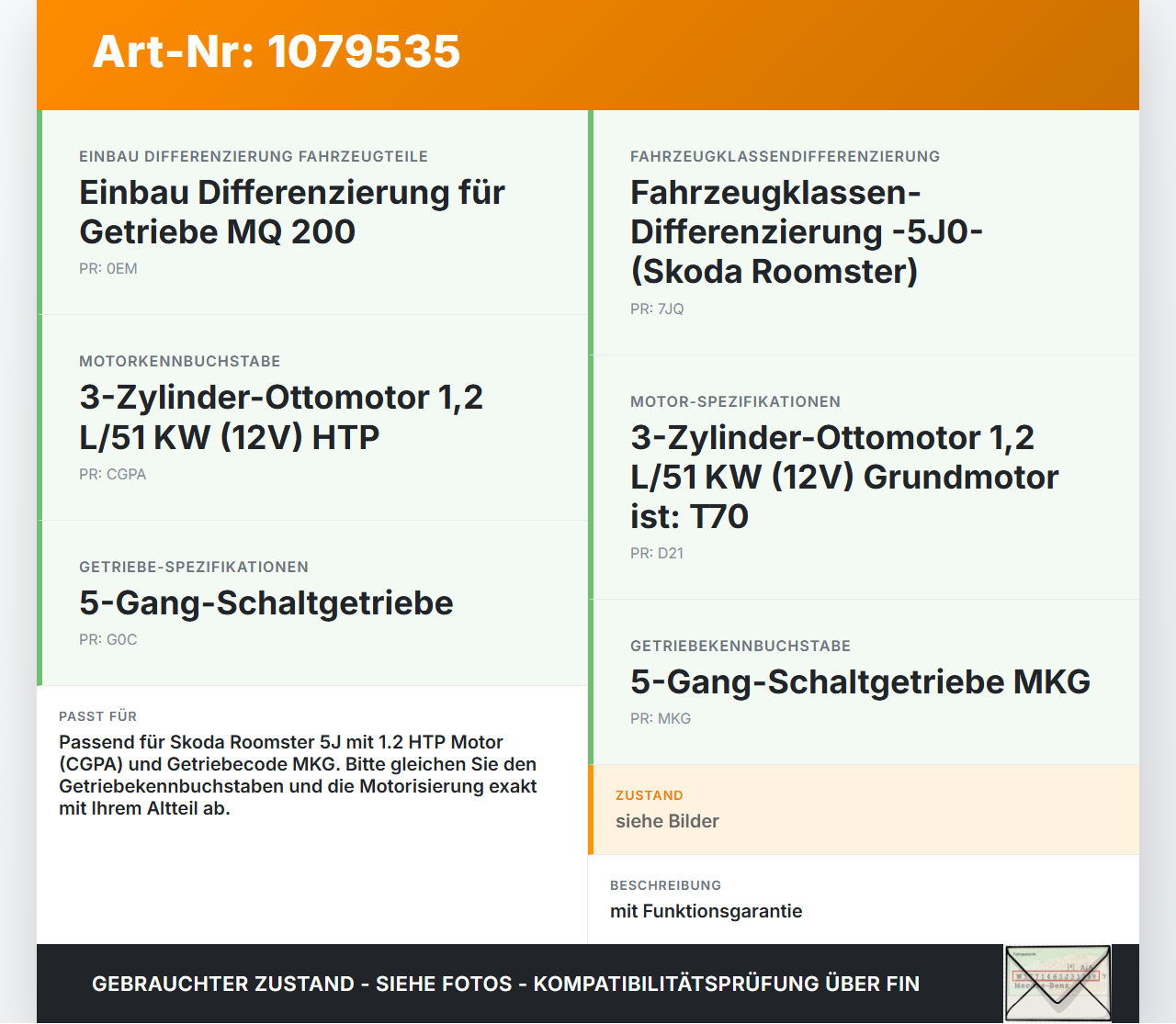 Skoda Roomster 5J 5J7 10-15 HTP 1,2 51KW Schaltgetriebe Getriebe MKG Skoda Roomster 5J 5J7 10-15 09.09.2011... Vorschau 3