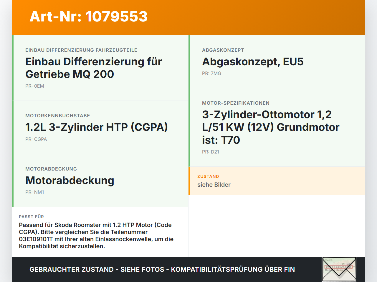 Skoda Roomster 5J 5J7 10-15 HTP 1,2 51KW CGPA Nockenwelle Einlass Skoda Roomster 5J 5J7 10-15 09.09.2011 03E109101T... Vorschau 3