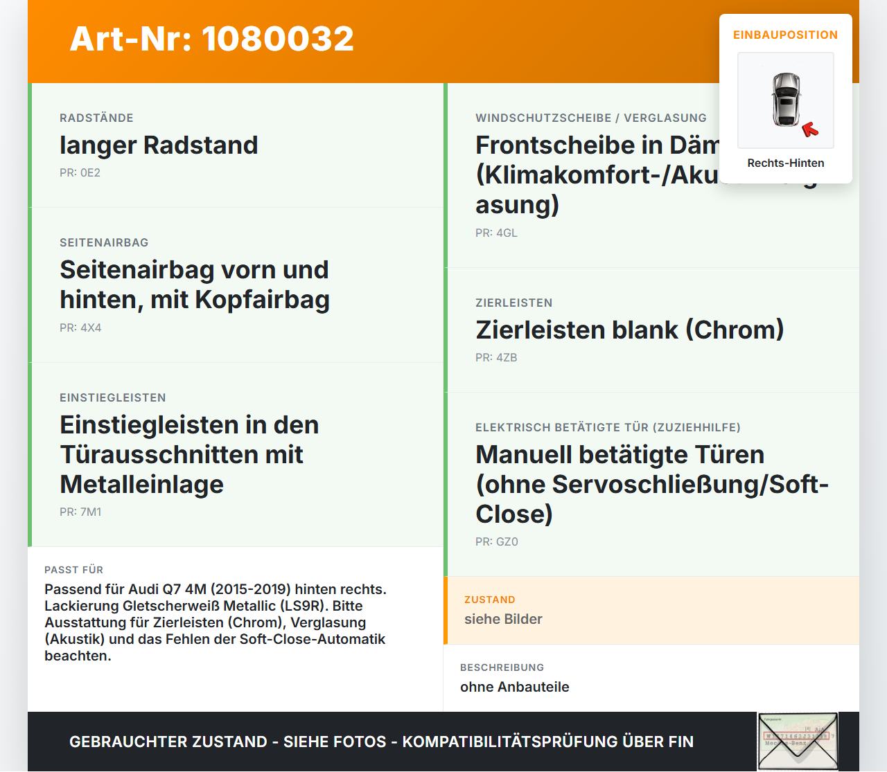 Audi Q7 4M 15-19 Tür Rechts Hinten LS9R Audi Q7 4M 15-19 19.01.2016 4M0833052E gebraucht Vorschau 3