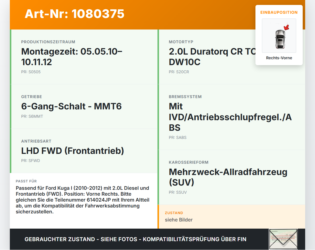 Ford Kuga I 08-12 Federbein Stossdämpfer Vorne Rechts Ford Kuga I 08-12 09.06.2010 8V41-18045-EA 614024JP gebraucht Vorschau 3