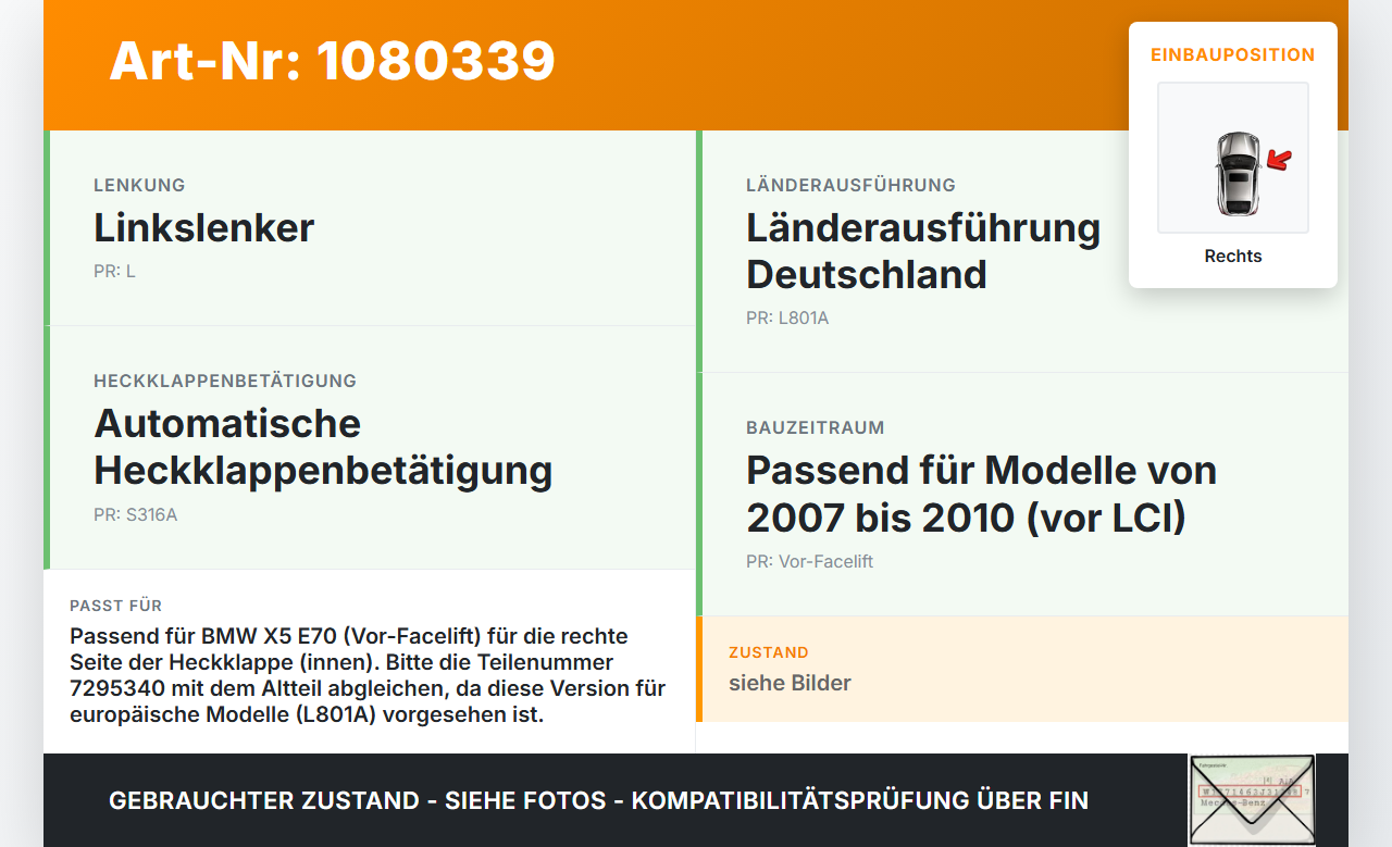 BMW X5 E70 07-10 Rückleuchte Heckleuchte für Klappe Innen Rechts BMW X5 E70 07-10 01.10.2008 63217295340 7295340... Vorschau 3