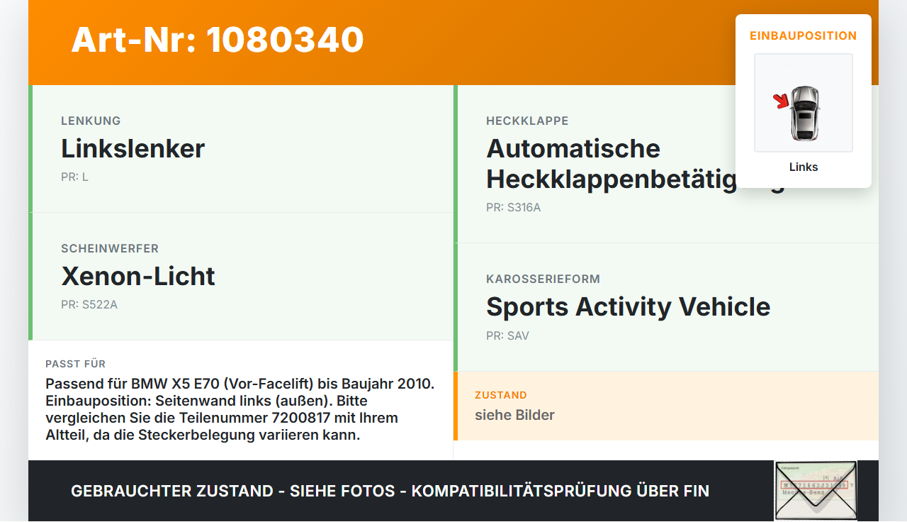 BMW X5 E70 07-10 Rückleuchte Rücklicht Heckleuchte Links orig BMW X5 E70 07-10 01.10.2008 63217200817 7200817 gebraucht Vorschau 3